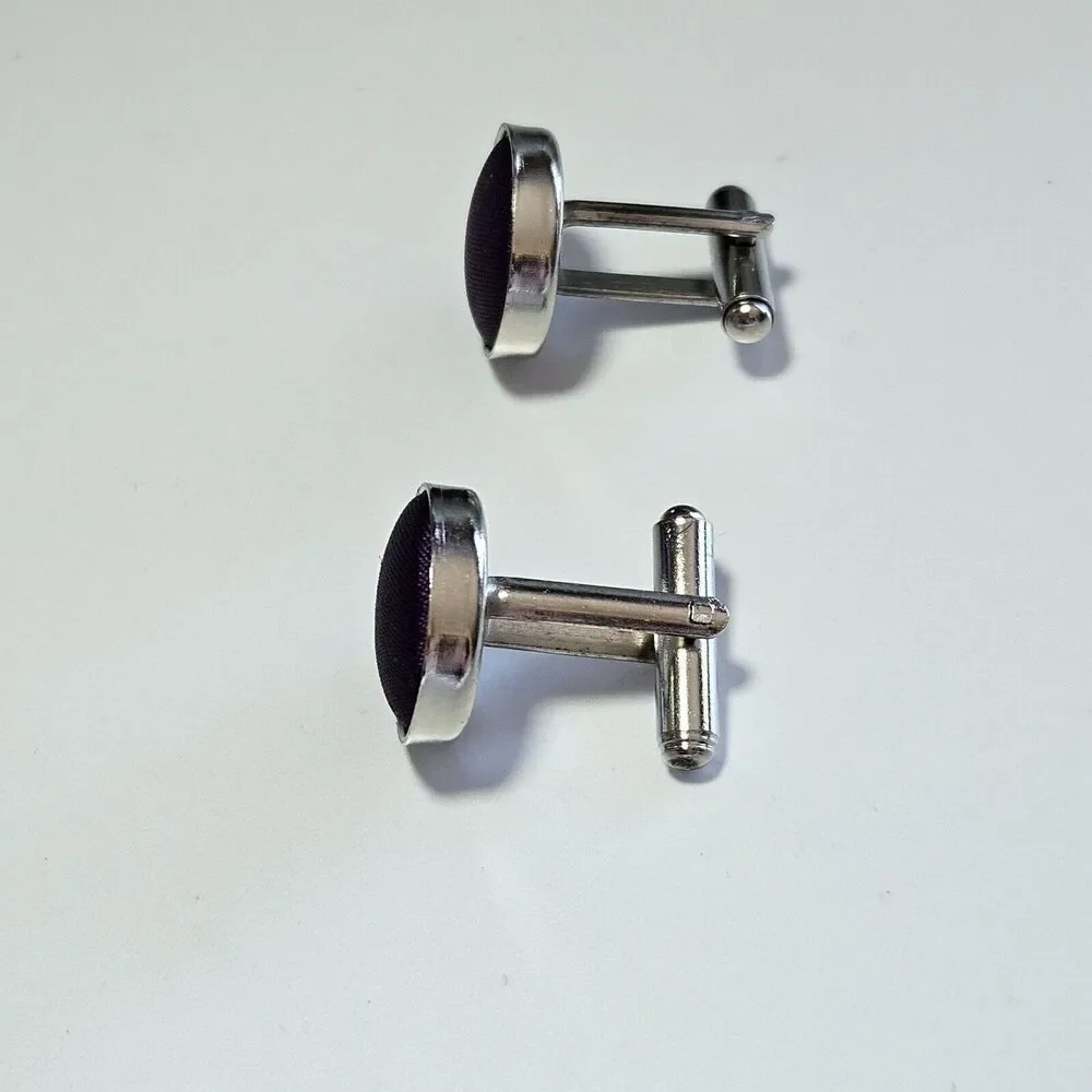 Silver tone purple fabric cufflinks